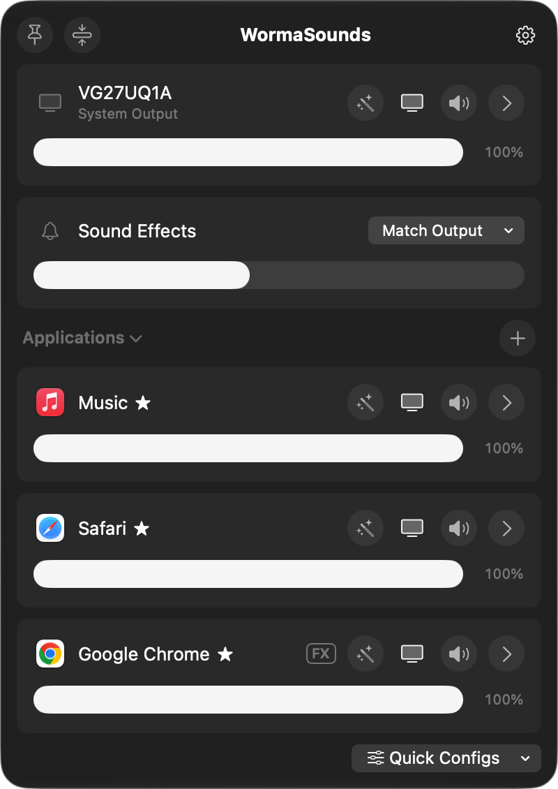 The WormaSounds panel: the system output, sound effects, and Music, Safari and Chrome, each with its own volume slider.